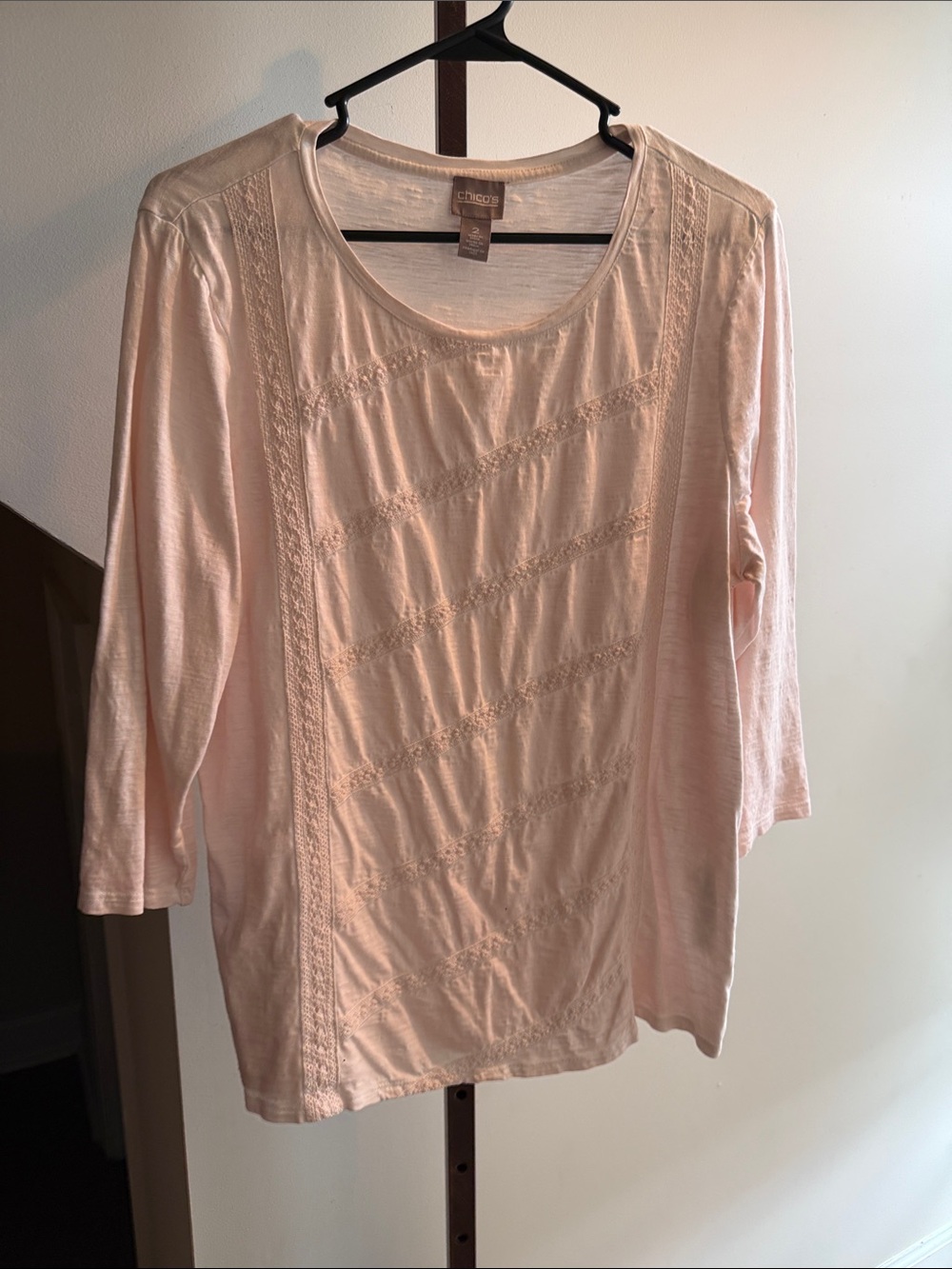 Chico's Light Pink Lace-Trim Scoop Neck Long Sleeve Top